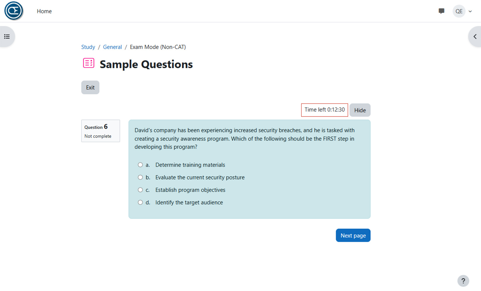 Screenshot of the Quantum Exams app showing a practice question on cybersecurity